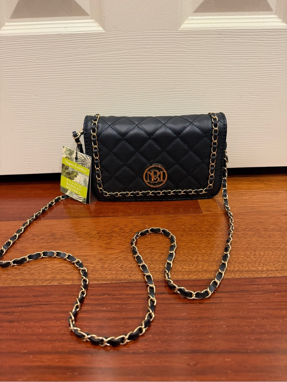 Badgley Mischka Black Quilted Chain Shoulder Bag with Gold Accents